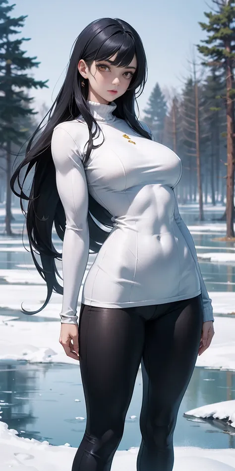 1 girl, black hair, yellow eyes, very long hair, pale skin, curvy, (extremely muscular), perky breasts, (winter clothes), frozen lake