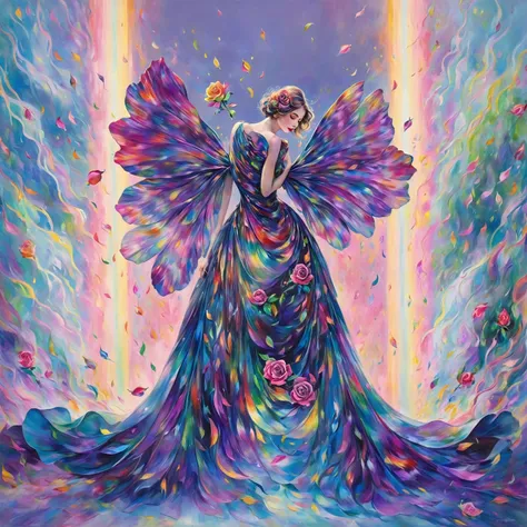 ransport viewers into a realm of awe-inspiring beauty and boundless imagination with an electrifying painting that marries the ethereal allure of a Rainbow Rose with the avant-garde glamour of high fashion.

Envision a transcendent fashion spectacle unfold...