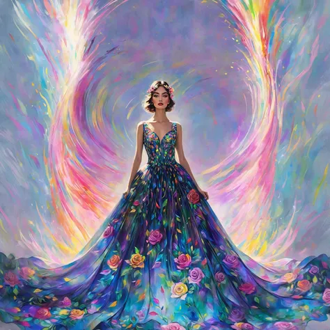 ransport viewers into a realm of awe-inspiring beauty and boundless imagination with an electrifying painting that marries the ethereal allure of a Rainbow Rose with the avant-garde glamour of high fashion.

Envision a transcendent fashion spectacle unfold...