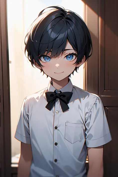 18 year old boy、Asymmetrical bangs、Bangs covering the right eye、Side Short Hair、Dark blue short hair、Dark blue hair、look up、，White shirt and black vest、Black tie、Dark blue eyes、Dark blue hairHair over right eye、A mischievous smiling face、Front view、Backgro...