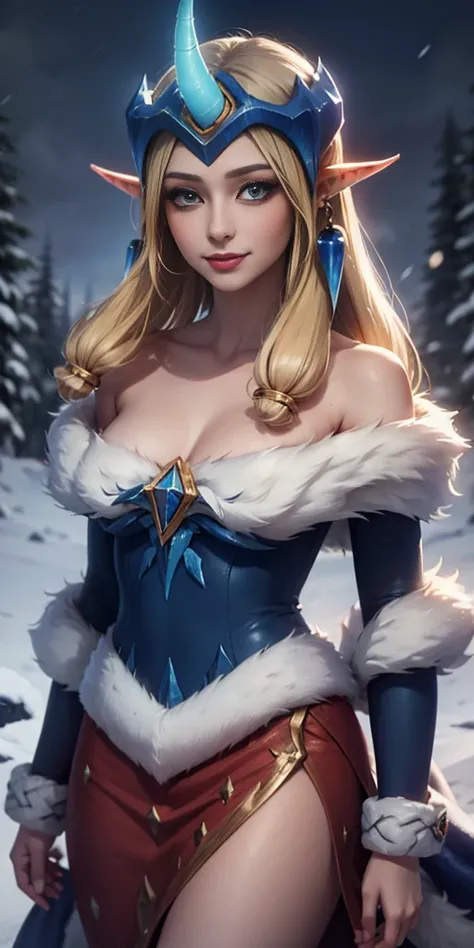 (masterpiece, best quality:1.2) intricate details, winter wonder soraka, 1girl, single horn, fur-trimmed dress, bare shoulders, earrings, blonde hair, pointy ears, smile