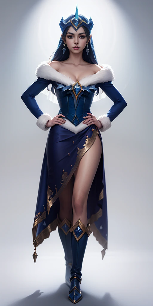 (masterpiece, best quality:1.2) intricate details, winter wonder soraka, full body of a woman in a dress with a veil, feet together, standing feet together, militar boots, beautiful fantasy maiden slave warrior, beautiful fantasy art portrait, fantasy vict...