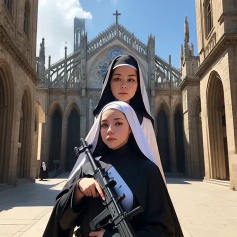 nuns with guns, a beautiful nun holding a large machine gun, a cathedral in the background, beautiful outdoor scene, ethereal fantasy, die brücke, surrealist: dreamlike imagery, (Masterpiece:1.3), (best quality:1.3), beautiful young woman