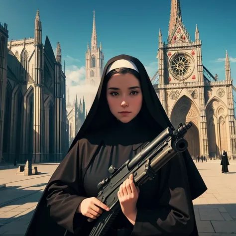 nuns with guns, a beautiful nun holding a large machine gun, a cathedral in the background, beautiful outdoor scene, ethereal fantasy, die brücke, surrealist: dreamlike imagery, (Masterpiece:1.3), (best quality:1.3), beautiful young woman