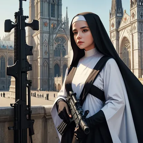 nuns with guns, a beautiful nun holding a large machine gun, a cathedral in the background, beautiful outdoor scene, ethereal fantasy, die brücke, surrealist: dreamlike imagery, (Masterpiece:1.3), (best quality:1.3), beautiful young woman