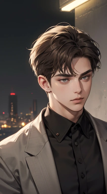 masterpiece, best quality, realistic, 1man, mature male, quiet and charming young man, 25 years old, close his eyes, serious look, extremely detailed face, ((dark grey eyes)), ((short-right-swept dark brown hair)), [thick eyebrows], detective, plain backgr...