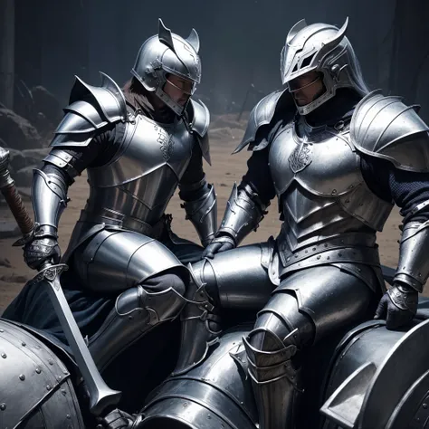 Model DreamShaper ,DruidMagicAI ,Two men in silver armor and helmets ! Sitting on an armored horse ! They fight each other ! A man attacked with a sword! other , other man can be seen hitting with an axe !  The horse&#39;s legs and tail are clearly visible...