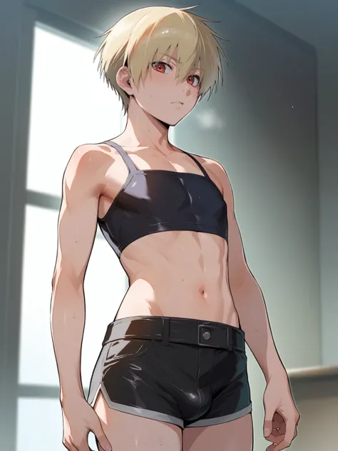 score_9, score_8_up, source_anime, standing, hellsing, seras, femboy, twink, shorts, otoko no, crop top, indoors, ikuchan