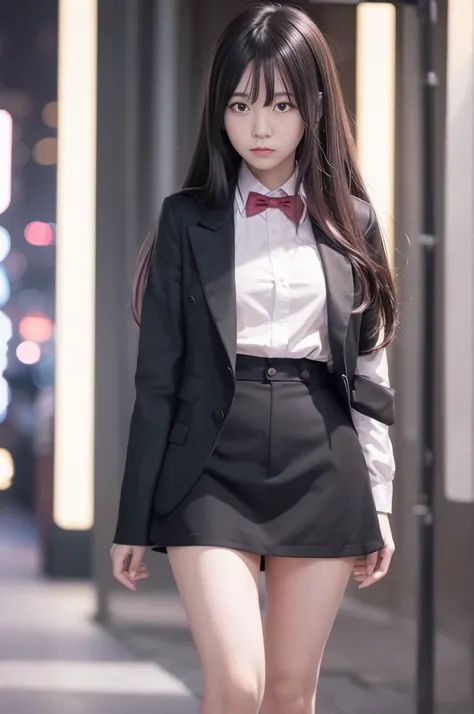 1 girl, Pink long hair, Red Corner, White collared shirt, Black Tie, A faint smile, Yellow eyes, Keratin_strength,, architecture,shop,City Streets, Dark sky, landscape,Neon,of the night city, Japanese lyrics,, , Disorganized, Beautiful eyes, Very detailed,...