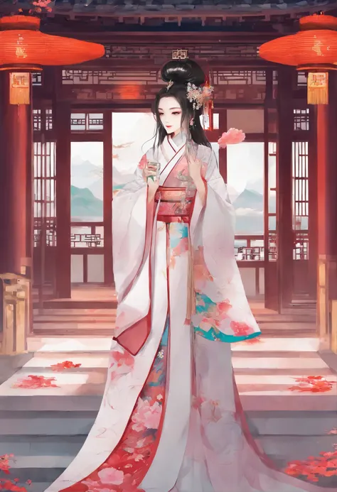 there is a woman that is holding a glass of wine, palace ， a girl in hanfu, chinese style, chinese girl, chinese fantasy, chinese woman, traditional chinese clothing, traditional chinese, traditional beauty, wearing ancient chinese clothes, hanfu, white ha...