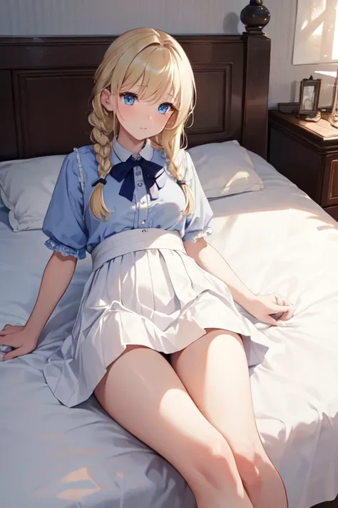 masterpiece, highest quality, High resolution, 1 10-year-old girl、blue eyes、
blonde,  Braiding, White shirt, Check skirt, White panties、room、bed、Lie down with your legs stretched out