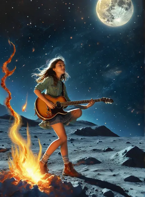 "Create a realistic and epic scene of a girl playing guitar on the moon; with a large flaming meteor passing in the background. The girl, positioned centrally, is illuminated by the soft lunar light emanating from beneath her feet, highlighting her delicat...