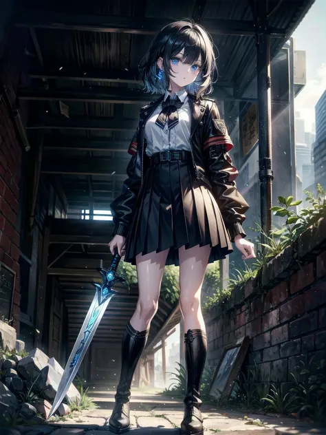 whole body, long blue great sword, Ruins, tech boots, black jacket, school_uniform, absurdres, RAW photo, extremely delicate and beautiful, masterpiece, Best Quality, ultra high resolution, 32k, hyperrealistic, ultra-detailed description, pale skin, 20 yea...