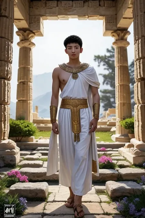 Could you draw me a young korean male (18 years old) wearing a himation (an ancient greek clothing). Make the fit the theme "Garden of Time". Cover 70 percent of his body.