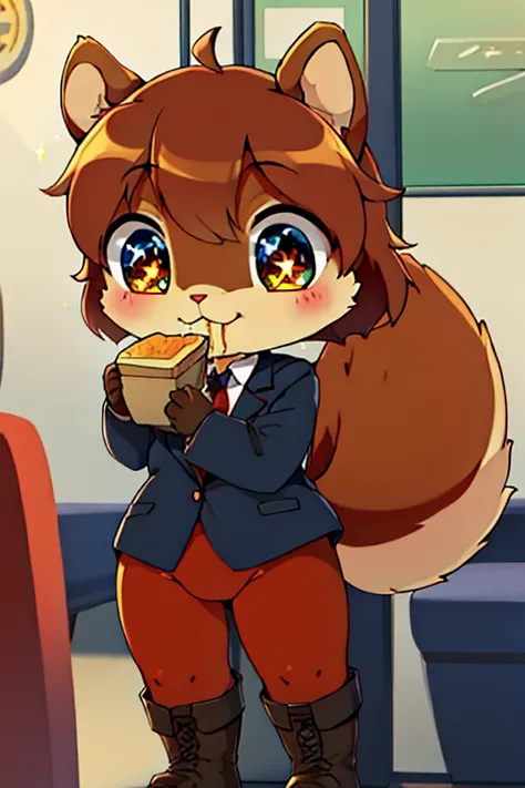 boy, squirrel, furry, bodyfur, blazer, bottomless, color tights, gloves, boots, chibi, happy, sparkling eyes, train, eating lunch