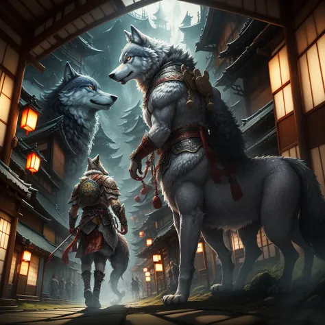 Japanese fantasy, Wolf, boss, excellent, warrior, Japanese, fair, high resolution, fair game stage, traditional, Old - Automatic