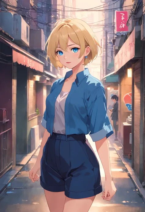 17 years old Women, ((Blonde)), ((Blue eyes)), ((Short hair)), ((Full shot)), very detailed makeup, pale pink lipstick, long earrings, bare shouldersdressed as a prostitute in a dirty city alley