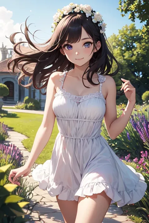 Very cute and beautiful girl wearing a white flower crown,White sundress with ruffles,
(Very exquisite beautiful face and eyes:1.2),(Lavender Garden),stone path,Distant Sea,Beautiful summer sky,
(Mid Shot:1.15),Leg details,smile,Black Hair,Dynamic pose,Dyn...