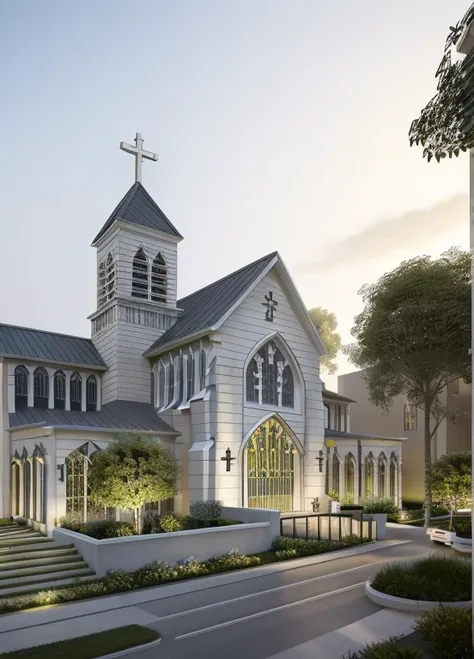 ultra-realistic 8k, hd image quality, sharp detail, 2-story (((church :1.3))) house, main materials: white walls, wooden ceiling...