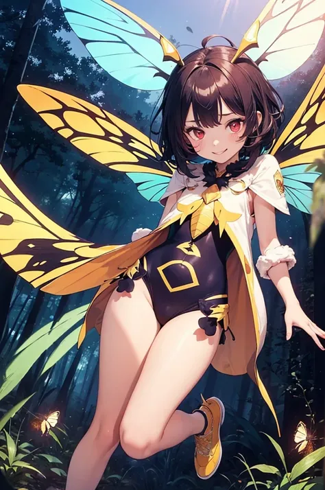 (masterpiece, best quality:1.1),popart,flat color design,tween girl,cute,
(girl wearing a moth costume,moth wings,fluffy moth fur,moth antennae),red eyes,navy hair,fullbody,bad smile,in night forest,dynamic angle,dynamic angle,beautiful lighting,photograph...