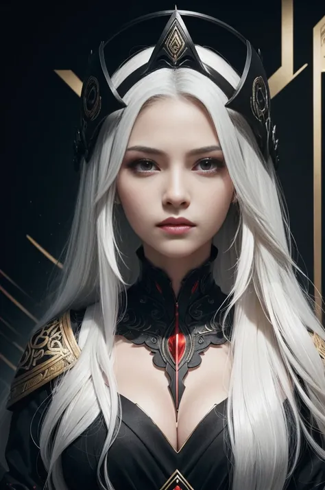 Portrait of a beautiful girl with wavy white hair, Wear a formal black dress with metallic parts, Red Eyes, Letter combination on background, number, Dark, 8k, Intricate details, High quality, 复古future风格, Sharp focus on the center, Soft colors, Art Station...