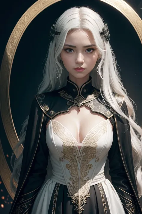 Portrait of a beautiful girl with wavy white hair, Wear a formal black dress with metallic parts, Red Eyes, Letter combination on background, number, Dark, 8k, Intricate details, High quality, 复古future风格, Sharp focus on the center, Soft colors, Art Station...