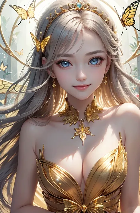 (masterpiece、highest quality、highest quality、Beautiful and beautiful:1.2)、(Good anatomy:1.5)、Focus on the eyeilky white hair girl、Gold butterfly costume、Wear ultra-delicate silk、Jewelry Tiara、Gold butterfly wings、Adorable smile、My eyes on you、Diffuse refle...