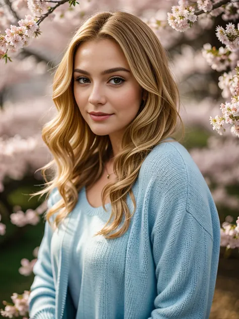 Masterpiece, photo of Nice age 25, girl, blondes Haar, lockige Haare, curly hair, sexy, Nice, pullover grau, Portait, dslr, 8k, 4k, Filmstill, Natural skin, strukturierte Haut, outside, Spring, Cherry blossoms