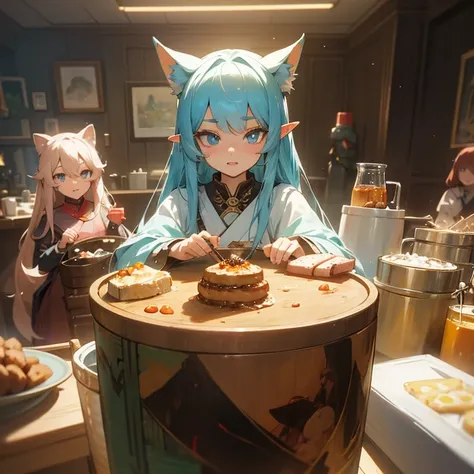 a group of anime characters, various anthropomorphic animals, including catgirls, elves, and robots, sit around a table，enjoying...