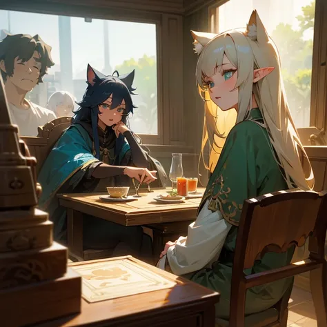 a group of anime characters, various anthropomorphic animals, including catgirls, elves, and robots, sit around a table，enjoying...