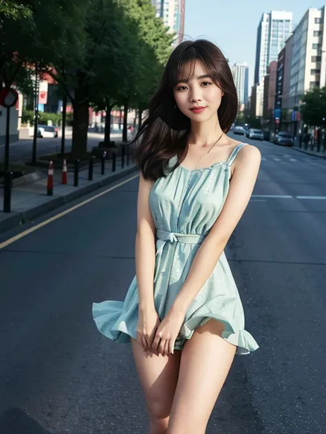 (Best quality, 8k, 32k, Masterpiece, UHD:1.2),Photo of Pretty Japanese woman,(sad smile,blush:1.1),looking at viewer,(beautiful detailed dress skirt:1.2),detailed legs,(spread legs:0.9),(lace panties:0.9),(wind lift:1.6), full body,windy,city,outdoors