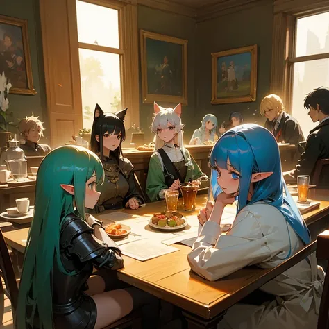 a group of anime characters, various anthropomorphic animals, including catgirls, elves, and armored ones, are sitting around a ...