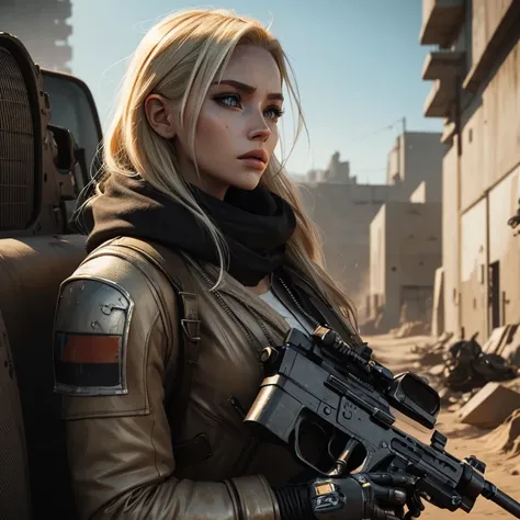 beautiful girl cybermech, blonde, post apocalypse,automatic gun, gun, cinematic, style Mad Max, realism, Photo 📷, detailing