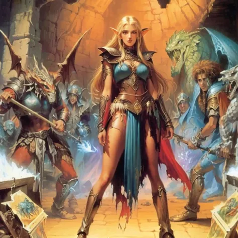 a painting of a beautiful female elf woman standing in front of a group of monsters, torn skirt, bare arms, bare legs, 1980s fantasy art, inspired by Clyde Caldwell, by Clyde Caldwell, dragonlance illustration, dungeons and dragons characters, jeff easley ...