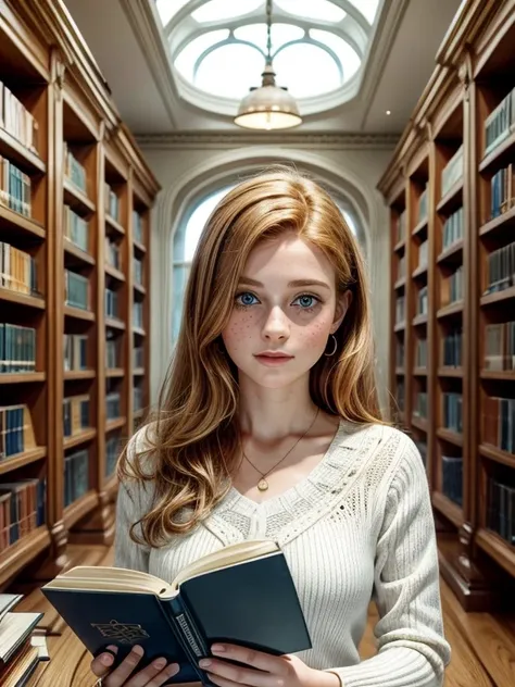 a beautiful and cozy library reading room white, also a 20-year-old college [Girl:Maude Adams:0.1] with ginger hair, beauty freckles in her gorgeous face, is reading science book and get spontaneous bright ideas, her eyes looking up right, blue eyes with g...