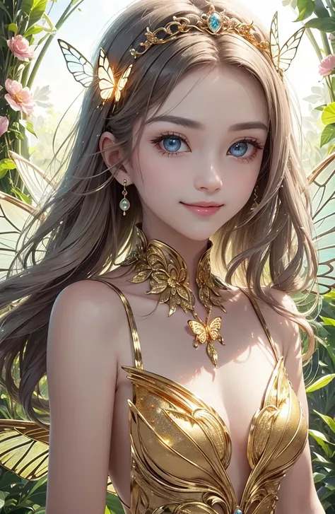 (masterpiece、highest quality、highest quality、Beautiful and beautiful:1.2)、(Good anatomy:1.5)、Focus on the face、Shining eyeilky white hair girl、Gold butterfly costume、Wear ultra-delicate silk、Jewelry Tiara、Gold butterfly wings、Adorable smile、Look away、Look ...