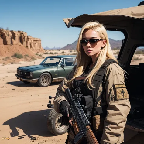 Beautiful young woman, stalker, blonde hair, automatic gun, rifle M-16, cinematic universe, post-apocalyptic, sunglasses, super detailing, photorealistic