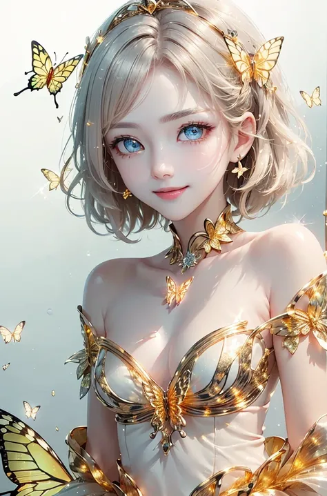 (masterpiece、highest quality、highest quality、Beautiful and beautiful:1.2)、(Good anatomy:1.5)、Focus on the eyes、Painting of a girl with milky white hair、Gold butterfly costume、Jewelry Tiara，Gold butterfly wings，Adorable smile、My eyes on you、Diffuse reflecti...