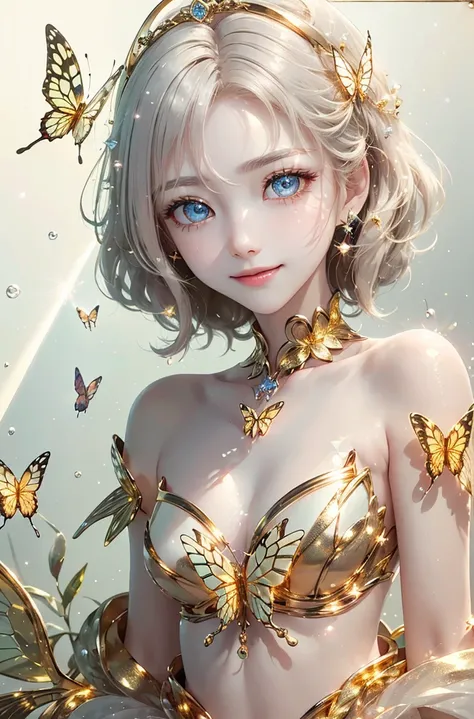 (masterpiece、highest quality、highest quality、Beautiful and beautiful:1.2)、(Good anatomy:1.5)、Focus on the eyes、Soft Light、Milky white hair girl、Gold butterfly costume、Jewelry Tiara，Gold butterfly wings，Adorable smile、My eyes on you、Diffuse reflection of li...