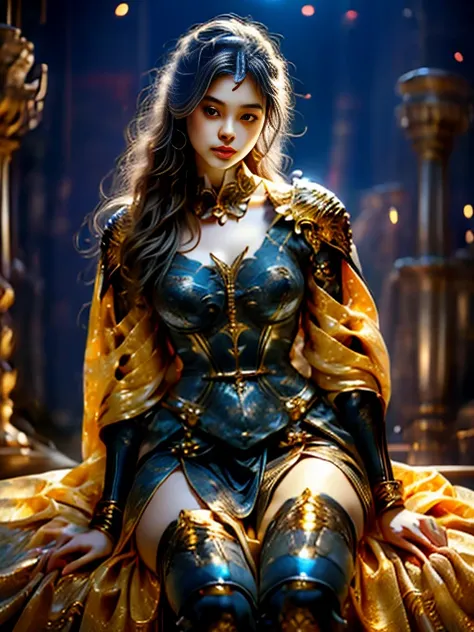 Painting of a woman in armor holding a sword，Golden Armor，Beautiful female knight，Light gold，Gold Obsidian Armor，golden goddess athena，Smooth golden armor，(Knee Shot:1.5)，Sexy，blue eyes，Extra large breasts，Pointy huge breasts gorgeous jewelry，Lips slightly...