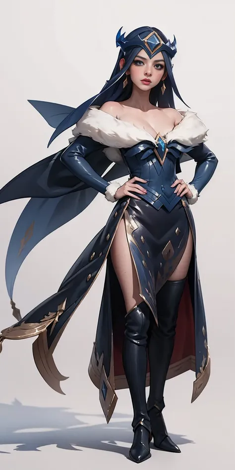 (masterpiece, best quality:1.2) intricate details, winter wonder soraka, full body of a woman in a dress with a veil, feet together, standing feet together, militar boots, beautiful fantasy maiden slave warrior, beautiful fantasy art portrait, fantasy vict...