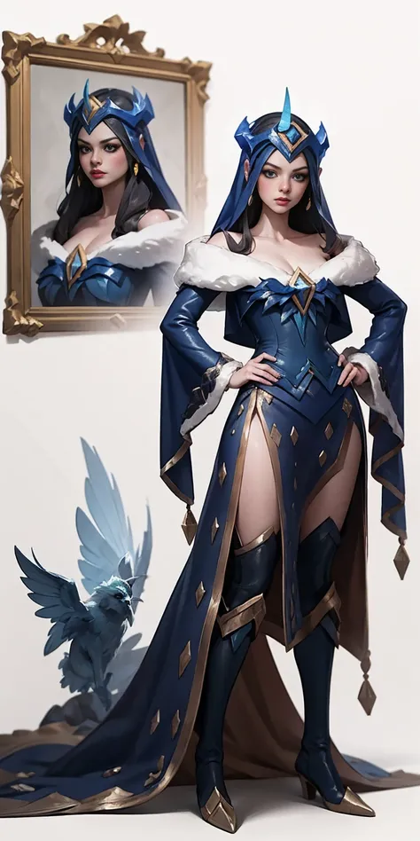 (masterpiece, best quality:1.2) intricate details, winter wonder soraka, full body of a woman in a dress with a veil, feet together, standing feet together, militar boots, beautiful fantasy maiden slave warrior, beautiful fantasy art portrait, fantasy vict...