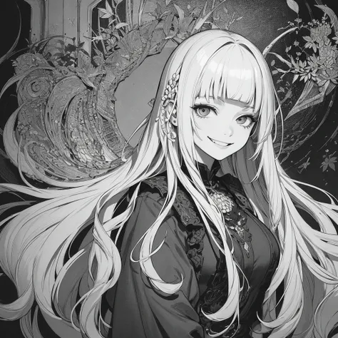 1girl, long hair, blunt bangs, sidelocks, monochrome, lineart, leaf, whitework, crazy smile, creepy smile