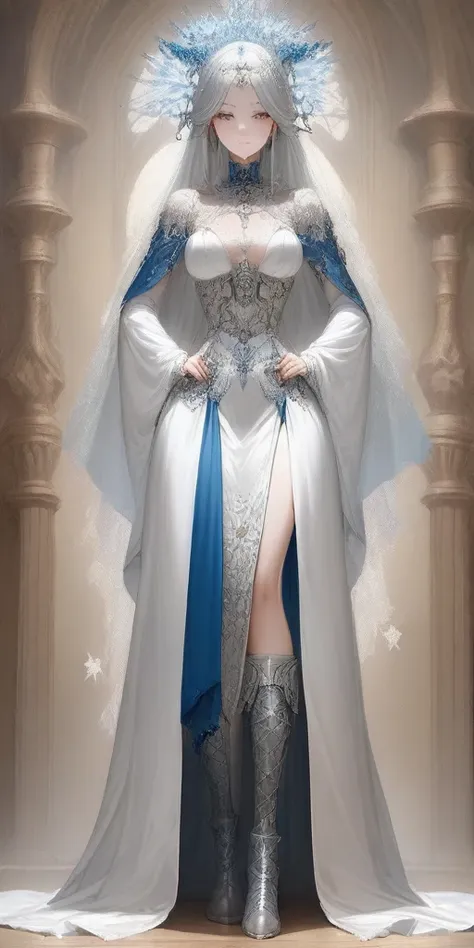 (masterpiece, best quality:1.2) intricate details, winter wonder soraka, full body of a woman in a dress with a veil, feet toget...