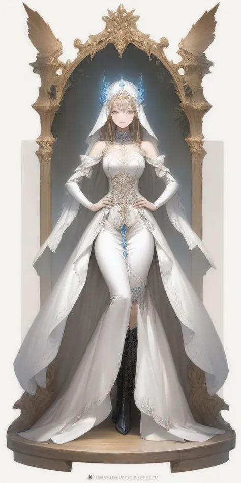 (masterpiece, best quality:1.2) intricate details, winter wonder soraka, full body of a woman in a dress with a veil, feet toget...