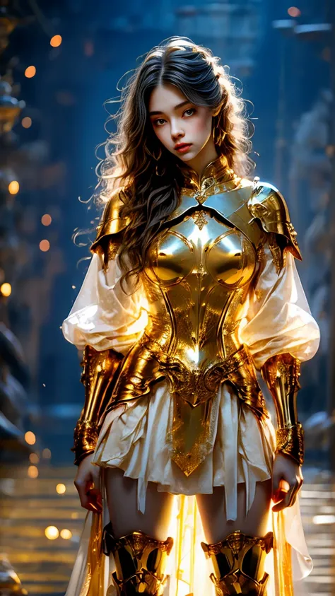 Painting of a woman in armor holding a sword，Golden Armor，Beautiful female knight，Light gold，Gold Obsidian Armor，golden goddess athena，Smooth golden armor，(Knee Shot:1.5)，Sexy，blue eyes，Extra large breasts，Pointy huge breasts gorgeous jewelry，Lips slightly...