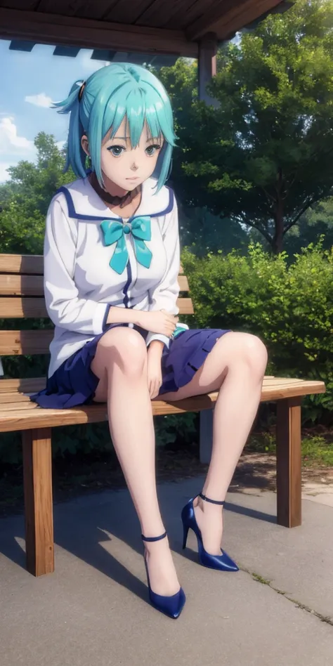 anime illustration art of a cute girl sitting in park (Aqua) hiding hands, blue high heels, feet together, sit on wooden bench