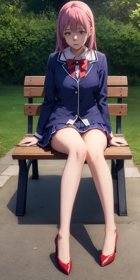 anime illustration art of a cute girl sitting in park (Aqua) hiding hands, blue high heels, feet together, sit on wooden bench, crying loud and clear, tears, red cheeks, redness