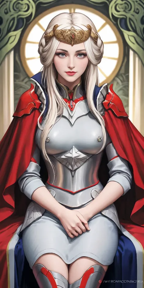 (masterpiece, best quality),  1girl, solo, (the empress:1.15), platinum blonde, long hair, (red cape), curtain, armored dress, q...