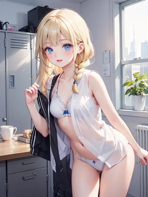 masterpiece, highest quality, Very detailed, 16k, Ultra-high resolution、1 girl aged 13, Detailed face、Perfect Fingers, blue eyes, Blonde, Braid, White panties, White bra, White blouse, Black vest, locker room, Bright room, Changing clothes